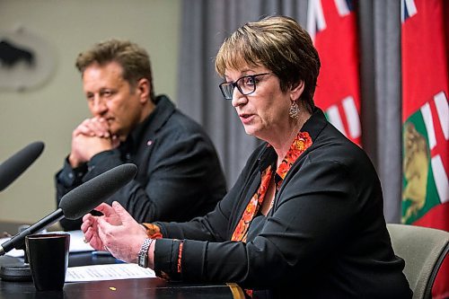 MIKAELA MACKENZIE / WINNIPEG FREE PRESS

Indigenous and northern relations minister Eileen Clarke and infrastructure minister Ron Schuler speak to media about Lake St. Martin outlet channel consultation at the Manitoba Legislative Building in Winnipeg on Monday, Feb. 24, 2020. For Larry story.
Winnipeg Free Press 2019.