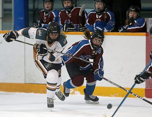 SHANNON VANRAES / WINNIPEG FREE PRESS
Courtney Kenyon of the Miles Mac Buckeyes races Hailey Ross of the Sturgeon Heights Huskies for the puck during a game at the St. James Civic Centre on February 25, 2020.