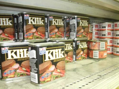 Cans of Klik inside the Okay Groceries where the owner has been charged with aggravated assault in regards to Geraldine Beardy. Beardy was caught shoplifting two cans of Klik and a couple of sandwiches. Gordon Sinclair Jr. / Winnipeg Free Press