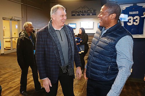 JOHN WOODS / WINNIPEG FREE PRESS
CFL Commissioner Randy Ambrosie jokes with former Blue Bomber Rod Hill prior to his town hall with Bomber fans at the Blue Bomber stadium in Winnipeg Wednesday, February 26, 2020. 

Reporter: Hamilton