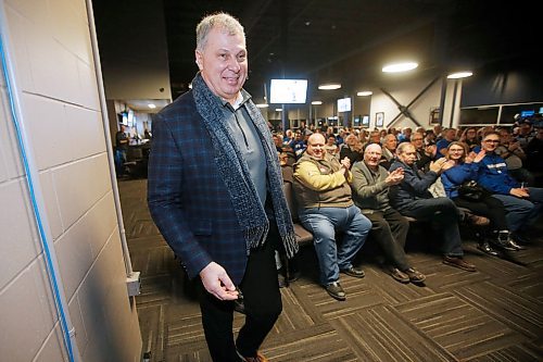 JOHN WOODS / WINNIPEG FREE PRESS
CFL Commissioner Randy Ambrosie makes his way to the stage at his town hall with Bomber fans at the Blue Bomber stadium in Winnipeg Wednesday, February 26, 2020. 

Reporter: Hamilton