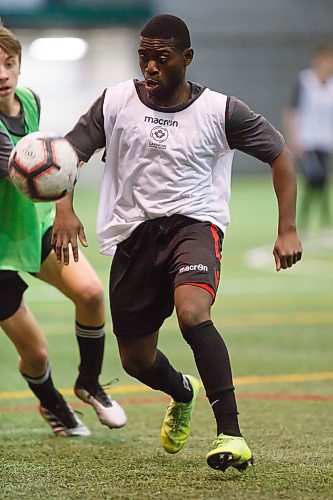 MIKE DEAL / WINNIPEG FREE PRESS
Tofa Fakunle in white with the ball during scrimmage at the Valour FC open trials finished up Thursday afternoon at the UofM Soccer Complex.
200227 - Thursday, February 27, 2020.