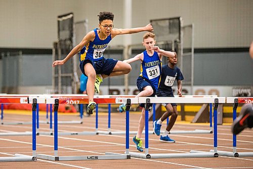 MIKAELA MACKENZIE / WINNIPEG FREE PRESS

Xavier Duncan, 13, competes in the hurdles at the 39th Annual Boeing Classic Indoor Track & Field Championships at the Max Bell Centre in Winnipeg on Friday, Feb. 28, 2020. Standup.
Winnipeg Free Press 2019.