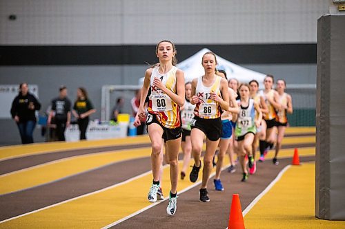 MIKAELA MACKENZIE / WINNIPEG FREE PRESS

Emilee Rieger, 13, leads the pack during the 1200m U14 final race at the 39th Annual Boeing Classic Indoor Track & Field Championships at the Max Bell Centre in Winnipeg on Friday, Feb. 28, 2020. Standup.
Winnipeg Free Press 2019.