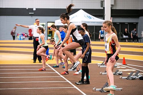 MIKAELA MACKENZIE / WINNIPEG FREE PRESS

Competitors get ready to start the women's 60m U14 final race at the 39th Annual Boeing Classic Indoor Track & Field Championships at the Max Bell Centre in Winnipeg on Friday, Feb. 28, 2020. Standup.
Winnipeg Free Press 2019.