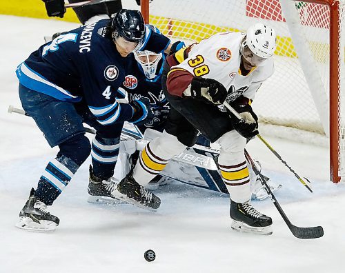 Phil Hossack / Winnipeg Free Press - Manitoba moose netminder #40 Mikhail Berdin peers from behind defenceman #4 Johnathan Kovacevic and Chicago Wolves #38 Jermaine Loewen as they track the puck Saturday afternoon. February 29, 2020