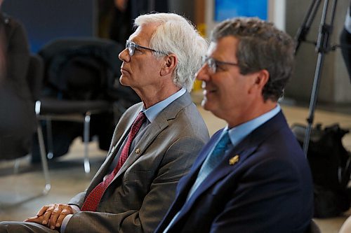 MIKE DEAL / WINNIPEG FREE PRESS
MP Jim Carr (Winnipeg South Centre), the prime ministers special advisor for the Prairies, on behalf of Catherine McKenna, minister of infrastructure and communities, and Central Services Minister Reg Helwer listen to Jay Grewal, president and CEO of Manitoba Hydro, during the announcement of funding for the Birtle Transmission Line linking Saskatchewan to Manitobas green, renewable energy. 
The Government of Canada is investing more than $18.7 million, and the government of Manitoba is contributing more than $42 million, in this project through the Green Infrastructure Stream of the Investing in Canada Plan. 
200302 - Monday, March 02, 2020.