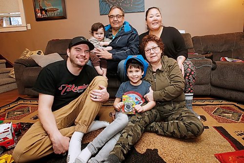 JOHN WOODS / WINNIPEG FREE PRESS
Shaneen Robinson-Desjarlais and her husband Martin are photographed with their children Sampson, 5, and Marrick, and her parents Eric and Cathy in their home in Winnipeg Monday, March 2, 2020. Robinson-Desjarlais is hosting the 3 part podcast series Residential Schools produced by Historica Canada.

Reporter: Maggie