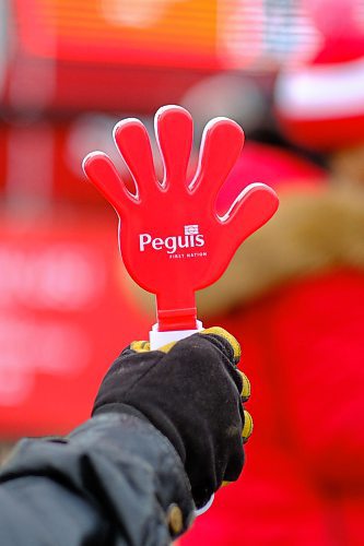 Mike Sudoma / Winnipeg Free Press
A Peguis First Nation branded noise maker held up by a community member during the Hometown Hockey event Saturday afternoon in PEguis First Nation
February 29, 2020