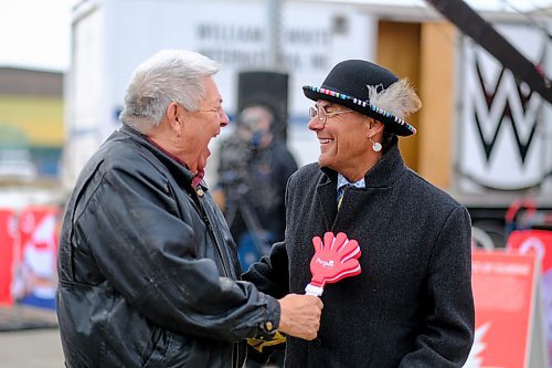 Mike Sudoma / Winnipeg Free Press
Lawrence Sutherland and Earl Wood laugh as they share a moment during the Hometown Hockey event in Peguis First Nation Saturday afternoon
February 29, 2020