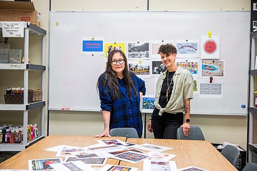 MIKAELA MACKENZIE / WINNIPEG FREE PRESS

Artist Lita Fontaine (left) and art teacher Barb Bottle pose for a photo at Margaret Park School with the MAWA art cards, which are created by Indigenous women artists and include a teaching guide to assist educators in talking about racism, the environment and Indigenous/settler relationships, in Winnipeg on Tuesday, March 3, 2020. For Eva Wasney story.
Winnipeg Free Press 2019.