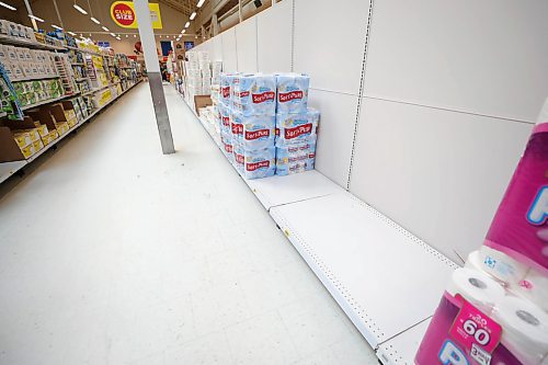 RUTH BONNEVILLE  /  WINNIPEG FREE PRESS 

Local -  Streeter, Shopping amid Coronavirus 

Many shoppers at Winnipeg big box stores not overly concerned about shortages due to the Coronavirus (COVID-19) but many are stockpiling rolls of toilet paper just in case.  

Photo of empty shelf in the toilet paper aisle at Superstore on Bison Drive Tuesday. 

Photos for streeter story on asking shoppers if they are concerned or worried about  shortages due to the Coronavirus.
 
March 3rd,  2020
