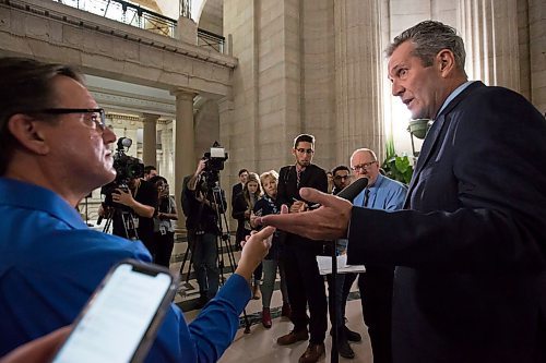 MIKE DEAL / WINNIPEG FREE PRESS
Premier Brian Pallister speaks to the media after question period as the legislative session resumes in Manitoba.
200304 - Wednesday, March 04, 2020.