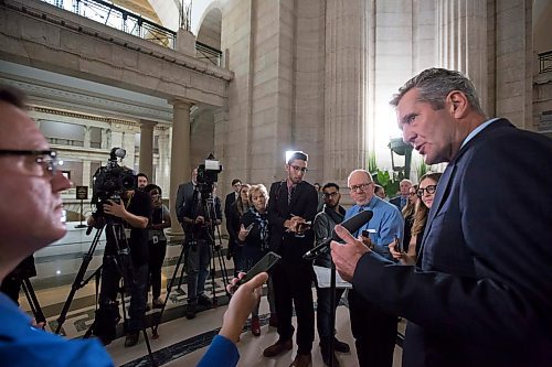 MIKE DEAL / WINNIPEG FREE PRESS
Premier Brian Pallister speaks to the media after question period as the legislative session resumes in Manitoba.
200304 - Wednesday, March 04, 2020.