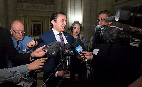 MIKE DEAL / WINNIPEG FREE PRESS
NDP Leader of the Opposition, Wab Kinew, speaks to the media after question period as the legislative session resumes in Manitoba.
200304 - Wednesday, March 04, 2020.