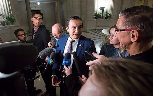 MIKE DEAL / WINNIPEG FREE PRESS
NDP Leader of the Opposition, Wab Kinew, speaks to the media after question period as the legislative session resumes in Manitoba.
200304 - Wednesday, March 04, 2020.