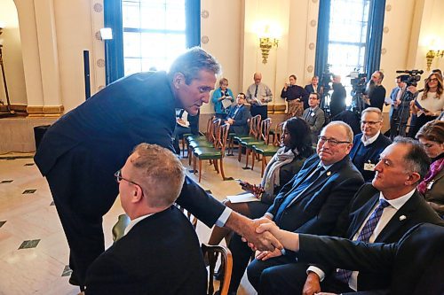 MIKE DEAL / WINNIPEG FREE PRESS
Premier Brian Pallister shakes hands with attendees after saying that his government will implement a flat $25-per-tonne Green Levy and reduce the PST to six per cent during an announcement Thursday morning. 
200305 - Thursday, March 5, 2020