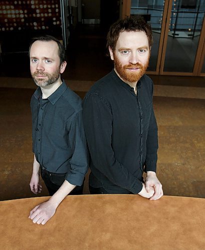 MIKE DEAL / WINNIPEG FREE PRESS
(from left) Tom Keenan and Matt Peters (Heavy Bell) are collaborating with PTE for a show based on Elizabeth Smart's By Grand Central Station I Sat Down and Wept that blends music, dance and poetry. The show will be running March 11-29.
200304 - Wednesday, March 04, 2020.