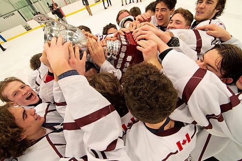 Mike Sudoma / Winnipeg Free Press
St Pauls Crusaders players celebrate as they hold the trophy above their heads after they won the WHSHL Championship title in a shootout victory Thursday night at Seven Oaks Arena
March 5, 2020