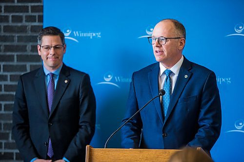 MIKAELA MACKENZIE / WINNIPEG FREE PRESS

Mayor Brian Bowman (left) and councillor Scott Gillingham speak to media about the 2020 budget at City Hall in Winnipeg on Friday, March 6, 2020. 
Winnipeg Free Press 2019.