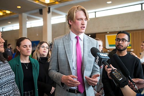 MIKAELA MACKENZIE / WINNIPEG FREE PRESS

Jakob Sanderson, president of the University of Manitoba student's union, responds to the 2020 budget at City Hall in Winnipeg on Friday, March 6, 2020. 
Winnipeg Free Press 2019.