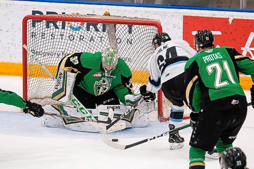 Daniel Crump / Winnipeg Free Press.¤Winnipegs Michael Milne (24) drives towards the Prince Albert goal as the ICE take on the Raiders Sunday evening at Max Bell Centre, Winnipeg. March 8, 2020.