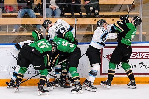 Daniel Crump / Winnipeg Free Press.¤Winnipegs Owen Pederson (17) and Peyton Krebs (19) get caught up along the boards with several Prince Albert players as the ICE take on the Raiders Sunday evening at Max Bell Centre, Winnipeg. March 8, 2020.