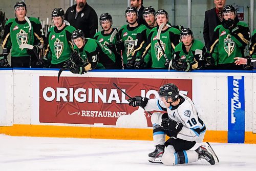 Daniel Crump / Winnipeg Free Press.¤Winnipegs Peyton Krebs (19) celebrates a goal as the Winnipeg ICE down the Prince Albert Raiders 3-0 at Max Bell Centre Sunday evening. March 8, 2020.