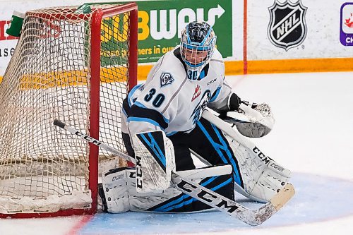 Daniel Crump / Winnipeg Free Press.¤ICE Goalie Liam Hughs (30) made 34 saves and collected the shut out as the Winnipeg ICE defeated the Prince Albert Raiders 3-0 at home Sunday evening. March 8, 2020.