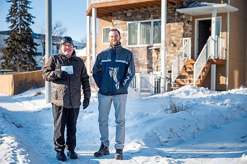MIKAELA MACKENZIE / WINNIPEG FREE PRESS

Dylon Martin (left) and Mark Campbell, members of the pro-infill development advocacy group YIMBY, pose by an infill on St. Mary's Road in St. Vital in Winnipeg on Monday, March 9, 2020. For Sol story.
Winnipeg Free Press 2019.