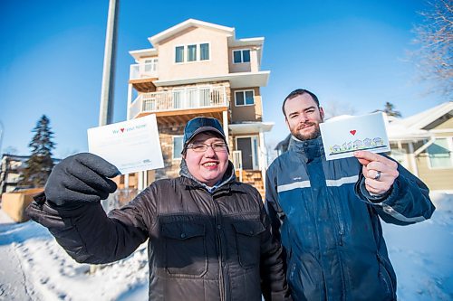 MIKAELA MACKENZIE / WINNIPEG FREE PRESS

Dylon Martin (left) and Mark Campbell, members of the pro-infill development advocacy group YIMBY, pose with "infill Valentine's cards" by an infill on St. Mary's Road in St. Vital in Winnipeg on Monday, March 9, 2020. For Sol story.
Winnipeg Free Press 2019.