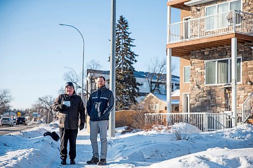 MIKAELA MACKENZIE / WINNIPEG FREE PRESS

Dylon Martin (left) and Mark Campbell, members of the pro-infill development advocacy group YIMBY, pose by an infill on St. Mary's Road in St. Vital in Winnipeg on Monday, March 9, 2020. For Sol story.
Winnipeg Free Press 2019.