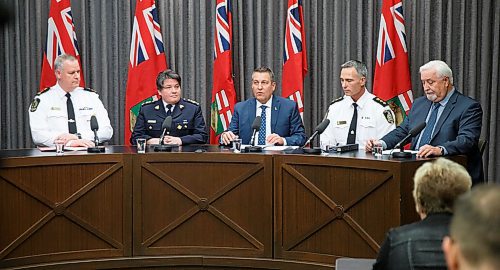 MIKE DEAL / WINNIPEG FREE PRESS
(from left) Chief Wayne Balcaen, Brandon Police Service, Assistant Commissioner Jane MacLatchy, commanding officer, RCMP, Justice Minister Cliff Cullen, Deputy Chief Jeff Szyszkowski, Winnipeg Police Service, and Paul Johnson, chair, Winnipeg Crime Stoppers, during a press conference held at the Manitoba Legislative building on the launching of a new Crime Stoppers campaign targeting methamphetamine.
200309 - Monday, March 09, 2020.
