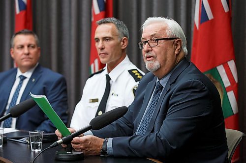MIKE DEAL / WINNIPEG FREE PRESS
(from left) Justice Minister Cliff Cullen, Deputy Chief Jeff Szyszkowski, Winnipeg Police Service, and Paul Johnson, chair, Winnipeg Crime Stoppers, during a press conference held at the Manitoba Legislative building on the launching of a new Crime Stoppers campaign targeting methamphetamine.
200309 - Monday, March 09, 2020.