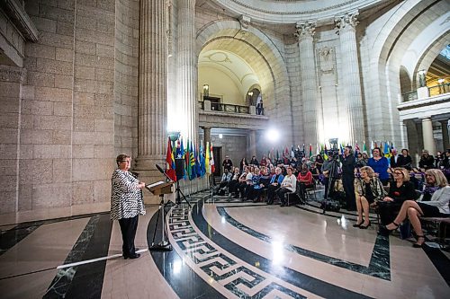 MIKAELA MACKENZIE / WINNIPEG FREE PRESS

Barbara Bowes, chairperson of the Manitoba Womens Advisory Council, speaks at the Manitoba Legislative Building in Winnipeg on International Women's Day, Monday, March 9, 2020. 
Winnipeg Free Press 2019.