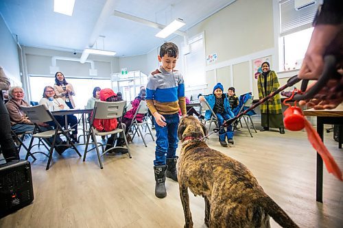 MIKAELA MACKENZIE / WINNIPEG FREE PRESS

Fawzi, eight, walks up to pet Gemma on her visit to the NEEDS class to introduce dogs and pet ownership to the newcomers in Winnipeg on Monday, March 9, 2020. For Eva Wasney story.
Winnipeg Free Press 2019.