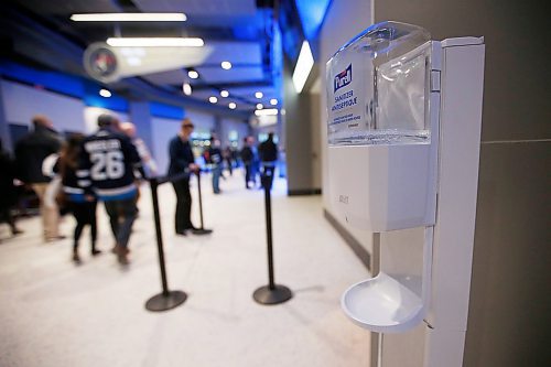 JOHN WOODS / WINNIPEG FREE PRESS
Hand sanitizers are photographed in the concourse before the Winnipeg Jets versus Arizona Coyotes NHL game  in Winnipeg on Monday, March 9, 2020. Covid-19 has the people and the NHL concerned about virus transmission.