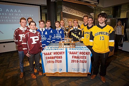 MIKE DEAL / WINNIPEG FREE PRESS
The Manitoba High School Athletic Association held a press conference to announce the schedule for the 2020 MILK AAAA Provincial High School Hockey Championships at the Manitoba Sports Hall of Fame, 145 Pacific Avenue.
Representatives from almost all the teams were on hand to lay eyes on the trophy and the banners.
200310 - Tuesday, March 10, 2020.