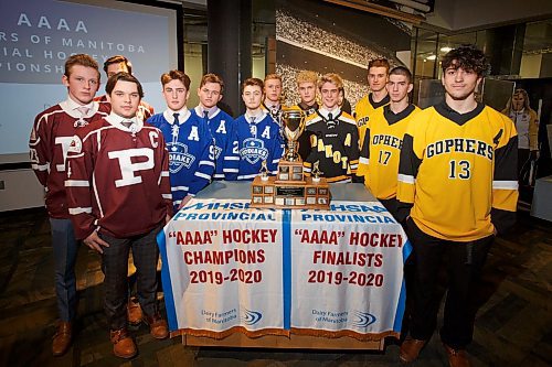 MIKE DEAL / WINNIPEG FREE PRESS
The Manitoba High School Athletic Association held a press conference to announce the schedule for the 2020 MILK AAAA Provincial High School Hockey Championships at the Manitoba Sports Hall of Fame, 145 Pacific Avenue.
Representatives from almost all the teams were on hand to lay eyes on the trophy and the banners.
200310 - Tuesday, March 10, 2020.