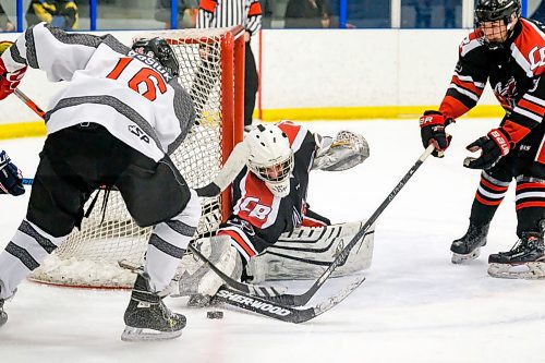 Daniel Crump / Winnipeg Free Press.¤College Beliveau goalie Samuel De Pau (33) makes a save to preserve his teams lead against the Glenlawn Lions in game two of the A Division High School Hockey Championship. March 10, 2020.