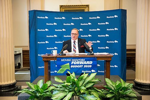 MIKAELA MACKENZIE / WINNIPEG FREE PRESS

Finance minister Scott Fielding speaks to the media about the 2020 provincial budget at the Manitoba Legislative Building in Winnipeg on Wednesday, March 11, 2020. 
Winnipeg Free Press 2019.