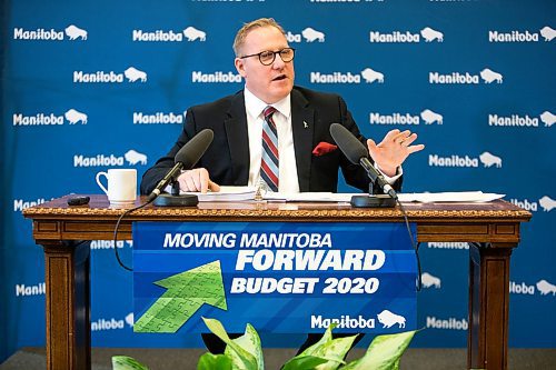 MIKAELA MACKENZIE / WINNIPEG FREE PRESS

Finance minister Scott Fielding speaks to the media about the 2020 provincial budget at the Manitoba Legislative Building in Winnipeg on Wednesday, March 11, 2020. 
Winnipeg Free Press 2019.