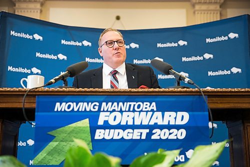 MIKAELA MACKENZIE / WINNIPEG FREE PRESS

Finance minister Scott Fielding speaks to the media about the 2020 provincial budget at the Manitoba Legislative Building in Winnipeg on Wednesday, March 11, 2020. 
Winnipeg Free Press 2019.