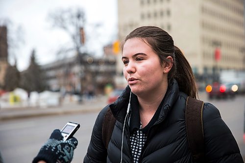 MIKAELA MACKENZIE / WINNIPEG FREE PRESS

Transit rider Mackenzie Gray speaks to the Free Press about her COVID-19 concerns on Portage Avenue in downtown Winnipeg on Thursday, March 12, 2020. For Julia-Simone Rutgers story.
Winnipeg Free Press 2019.