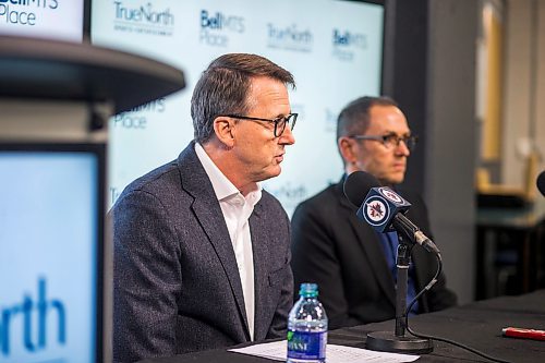 MIKAELA MACKENZIE / WINNIPEG FREE PRESS

Mark Chipman, executive chairman at True North Sports + Entertainment (left), and Kevin Donnelly, SVP of venues and entertainment at True North Sports + Entertainment, speak to the media at Bell MTS Place in Winnipeg on Thursday, March 12, 2020. For Jay Bell story.
Winnipeg Free Press 2019.