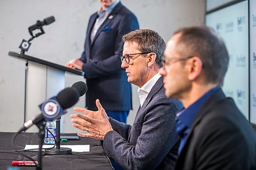 MIKAELA MACKENZIE / WINNIPEG FREE PRESS

Mark Chipman, executive chairman at True North Sports + Entertainment (left), and Kevin Donnelly, SVP of venues and entertainment at True North Sports + Entertainment, speak to the media at Bell MTS Place in Winnipeg on Thursday, March 12, 2020. For Jay Bell story.
Winnipeg Free Press 2019.