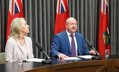 MIKE DEAL / WINNIPEG FREE PRESS
Dr. Brent Roussin, chief provincial public health officer, and Lanette Siragusa, provincial lead, health system integration, quality and chief nursing officer for Shared Health, speak during the provinces latest COVID-19 update Friday morning at the Manitoba legislature. 
200313 - Friday, March 13, 2020.