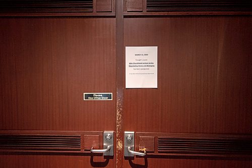 Mike Sudoma / Winnipeg Free Press
A note of a lecture being postponed on a lecture hall door inside the University of Winnipeg Friday evening
March 13, 2020