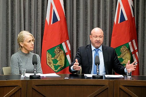 Daniel Crump / Winnipeg Free Press. Dr. Brent Roussin (right) and Provincial Chief Nursing Officer Lanette Siragusa (left) provide an update on COVID-19 in Manitoba Saturday morning. March 14, 2020.