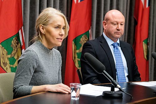 Daniel Crump / Winnipeg Free Press. Dr. Brent Roussin (right) and Provincial Chief Nursing Officer Lanette Siragusa (left) provide an update on COVID-19 in Manitoba Saturday morning. March 14, 2020.